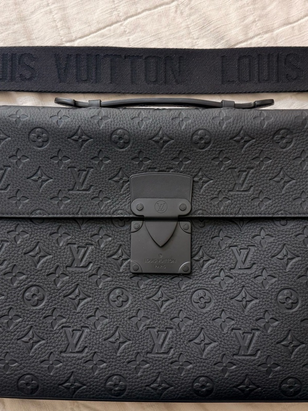 Louis Vuitton Black Monogram-Embossed Leather Briefcase with Shoulder Strap